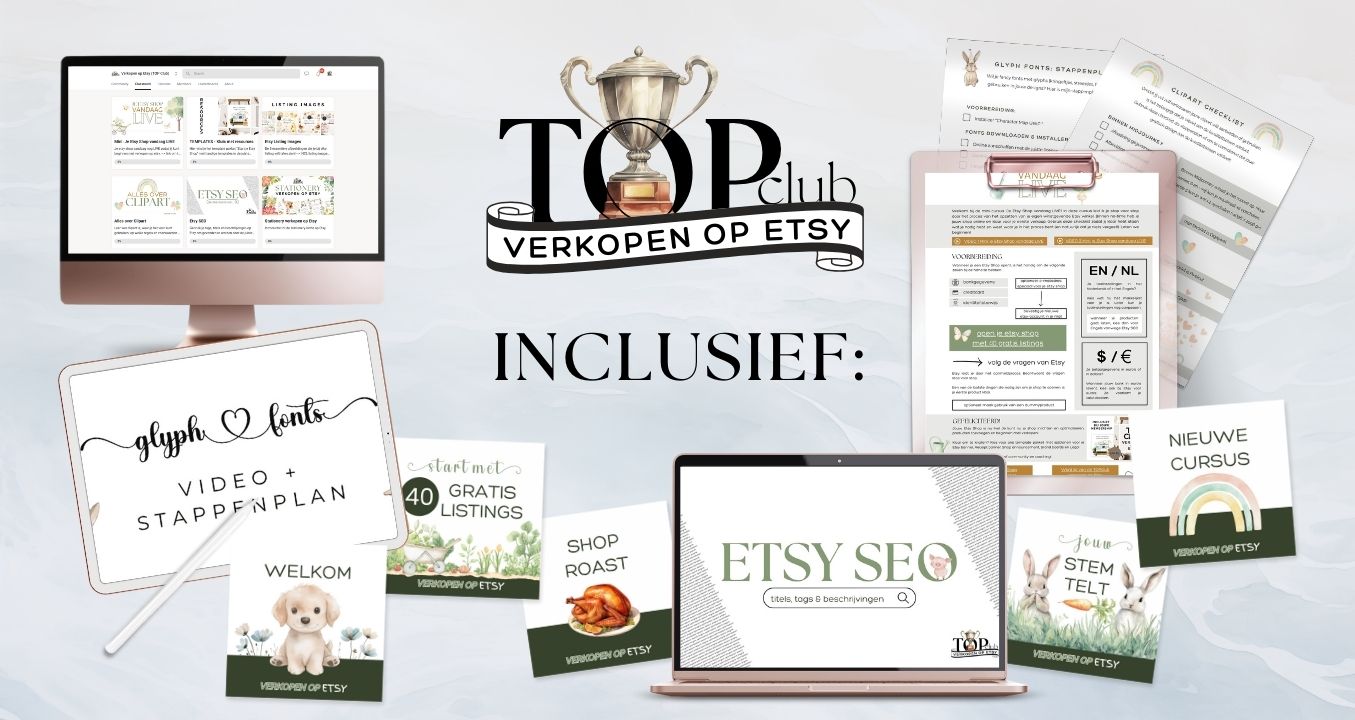 topclub unique selling points: actieve community, live zoomcalls, cursussen, templates en meer resources om jouw etsy shop een succes te maken, hiervan een visuele weergave