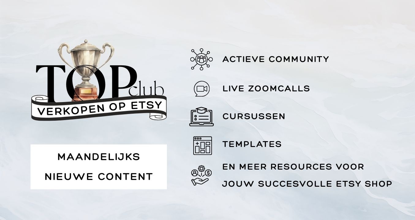 topclub unique selling points: actieve community, live zoomcalls, cursussen, templates en meer resources om jouw etsy shop een succes te maken