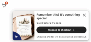 etsy herinnert jou dat je een item in je winkelwagen hebt liggen, reken gauw af