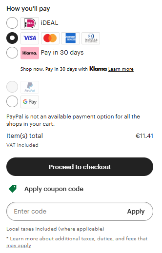 zo ziet het afrekenmandje bij etsy eruit. onderaan vul je de promo code in